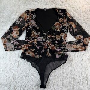 Lulus Sheer Me Out Black Floral Sheer Mesh Long Sleeve Bodysuit XL Whimsygoth